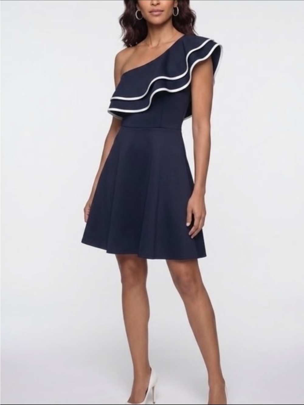 Papaya One-Shoulder Navy Ruffle A-Line Dress